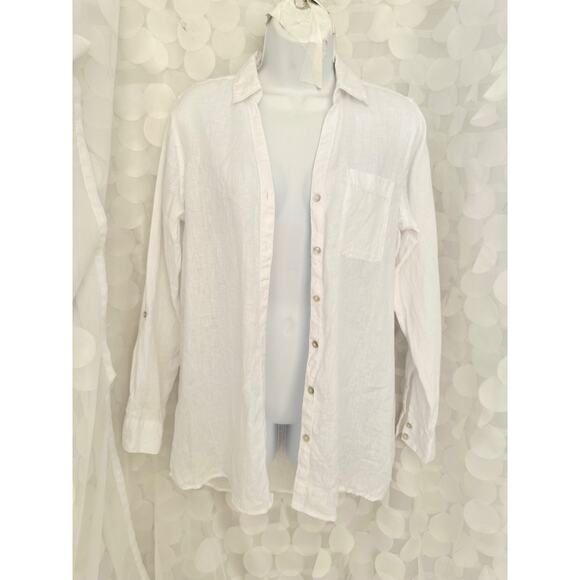 Sigrid Olsen Women's White 100% Linen Button Down VNeck Collar Blouse Shirt Sz S - Picture 3 of 8